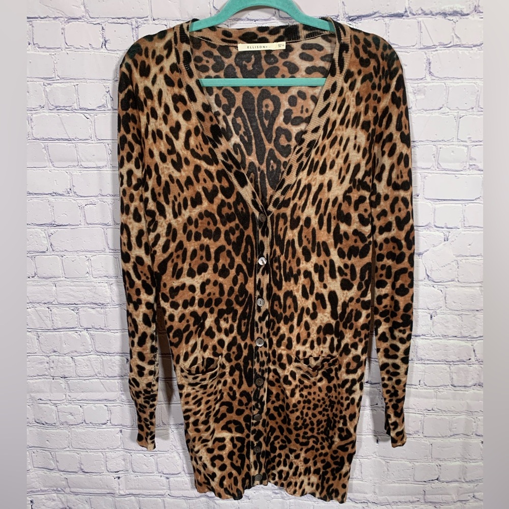 Ellison Womens Linen Blend Animal Print Cardigan Brown Black Size XL Casual